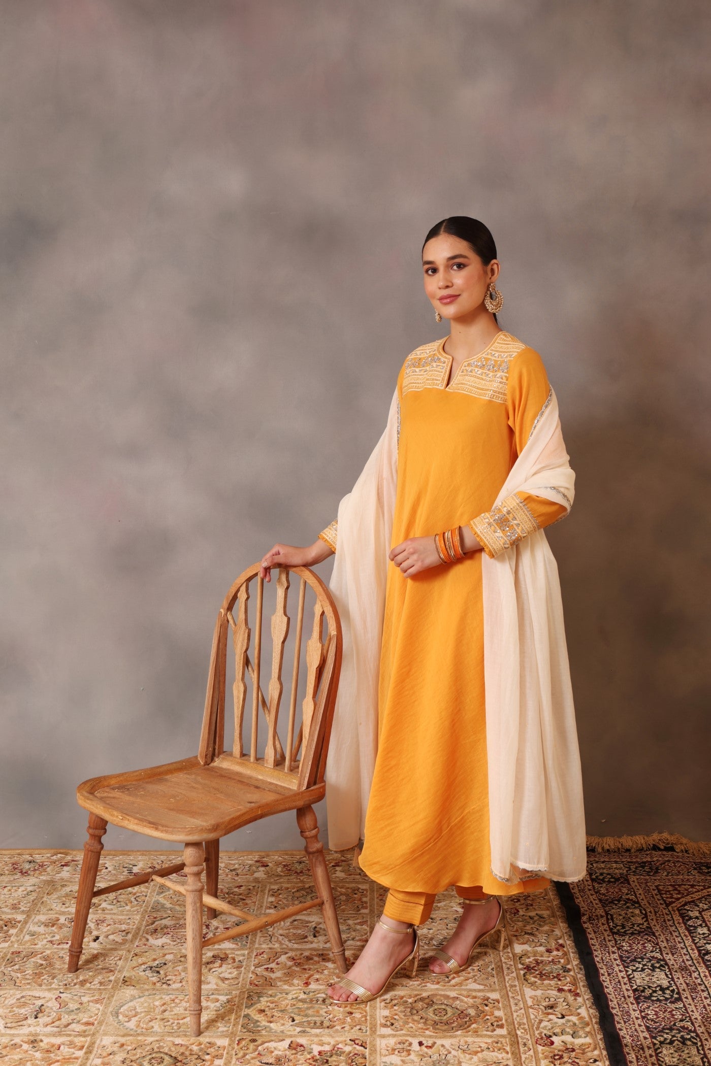 Hand Embroidered Mango Yellow Pure Cotton Silk Kurta Pants Set