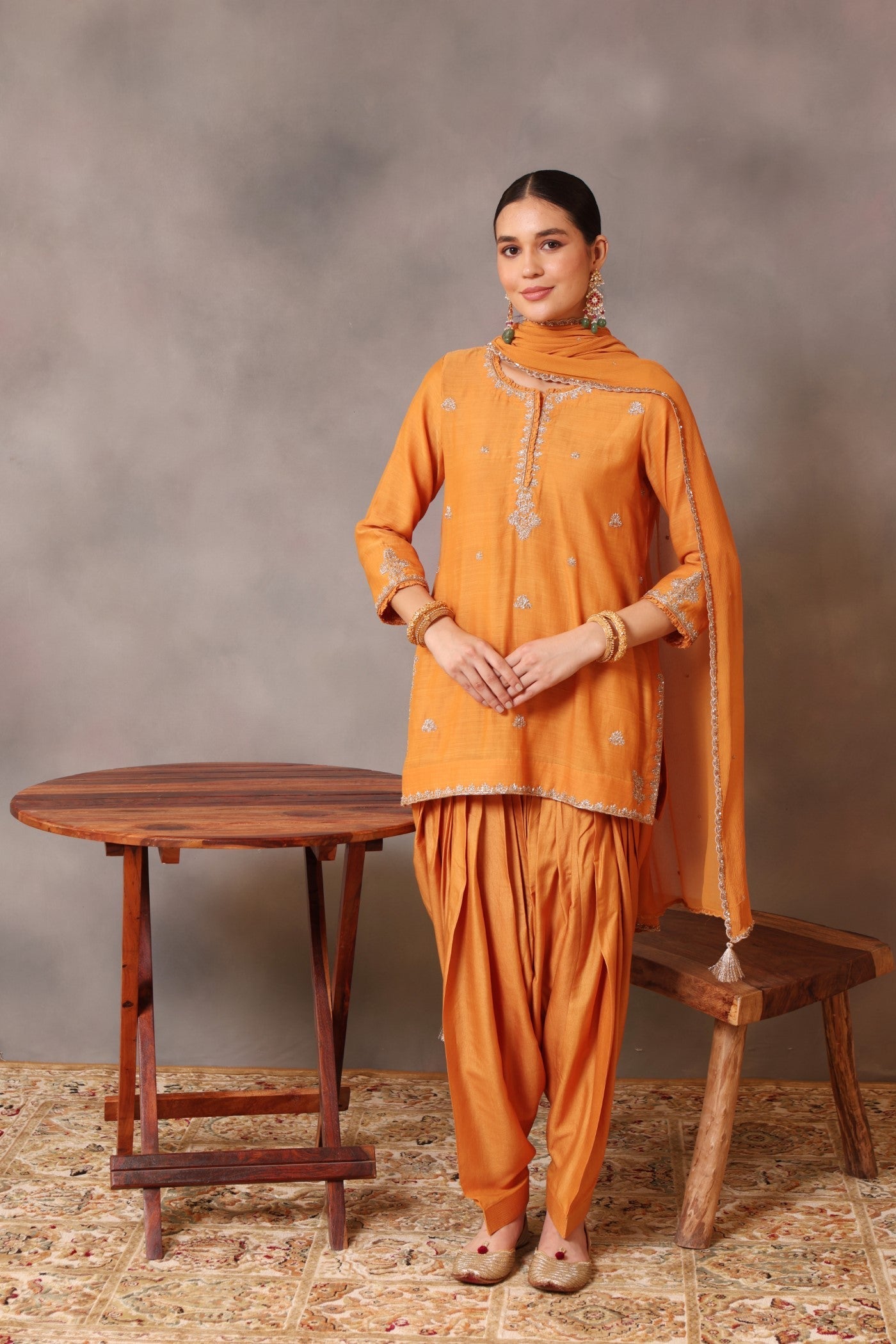 Hand Embroidered Dusty Mango Yellow Pure Cotton Silk Short Kurta Salwar Set