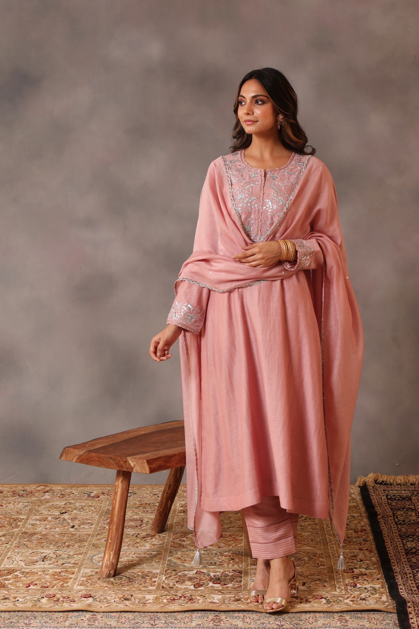 Hand Embroidered Dusty Pink Pure Cotton Silk Kurta Pants Set