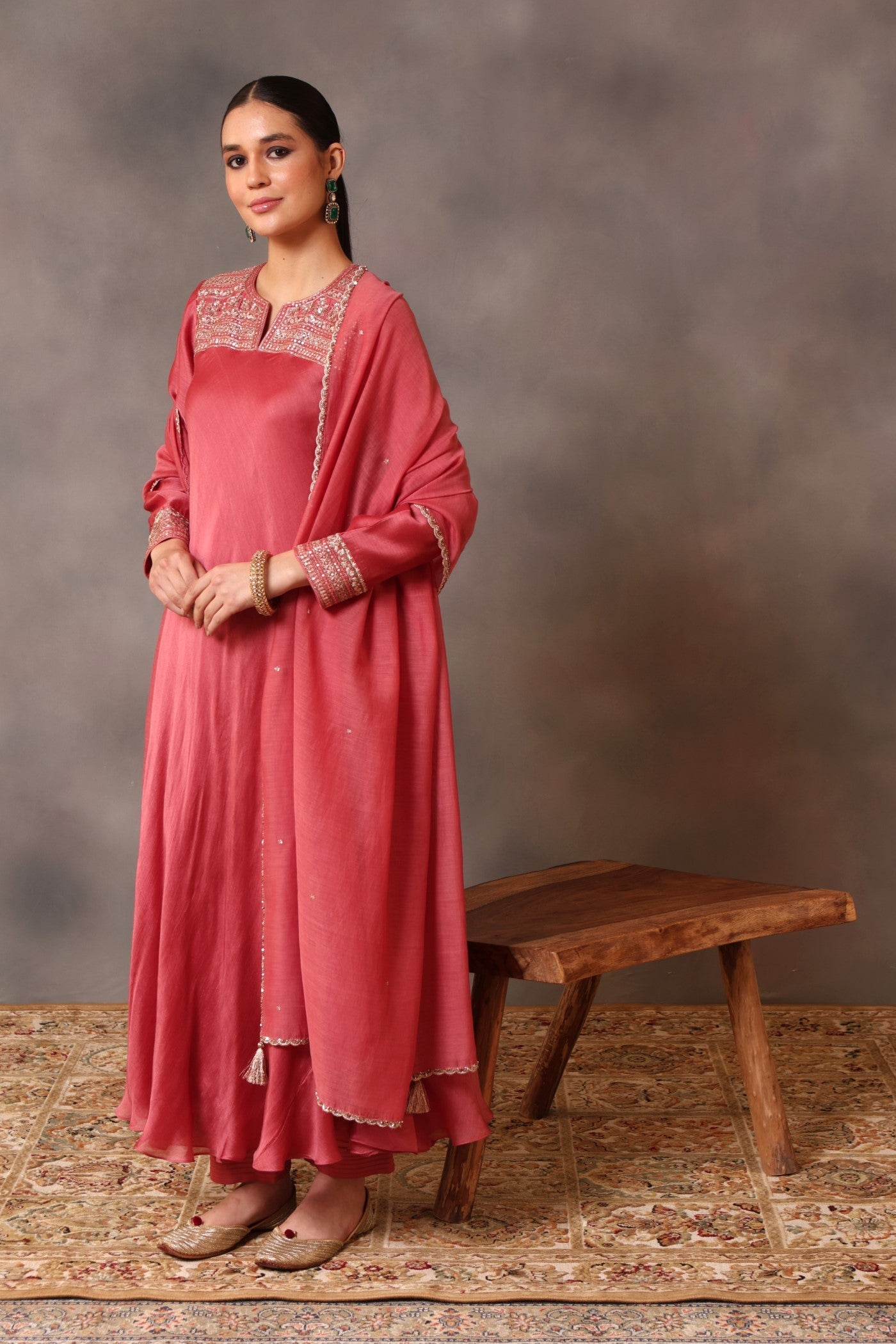 Hand Embroidered Desert Pink Pure Cotton Silk Kurta Pants Set