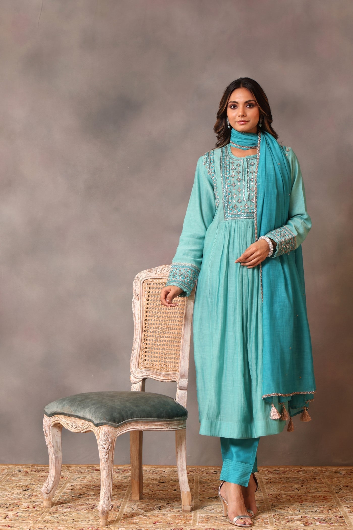 Hand Embroidered Turquoise Blue Pure Cotton Silk Kurta Pants Set