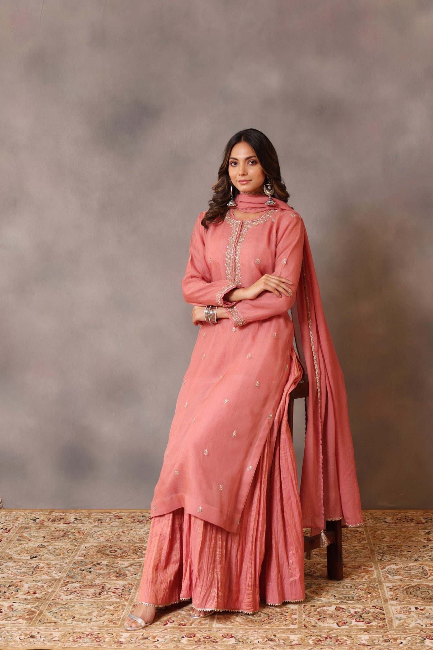 Hand Embroidered Blush Pink Pure Katan Silk Kurta Sharara Set
