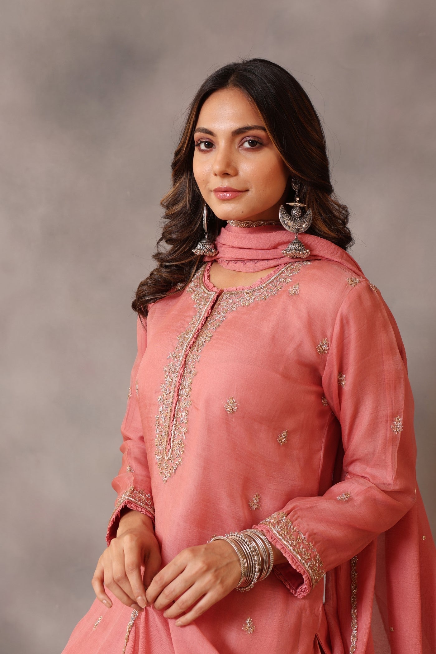 Hand Embroidered Blush Pink Pure Katan Silk Kurta Sharara Set