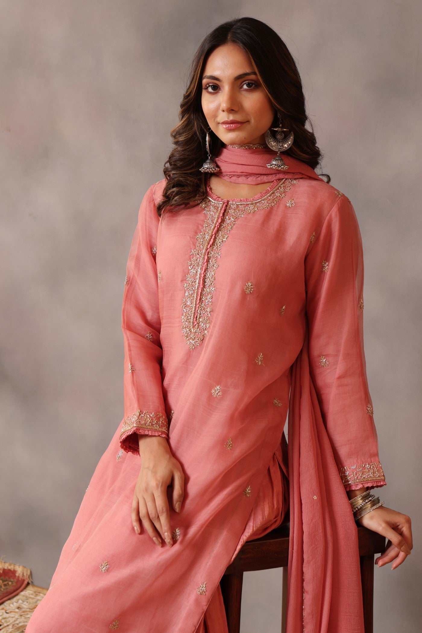 Hand Embroidered Blush Pink Pure Katan Silk Kurta Sharara Set