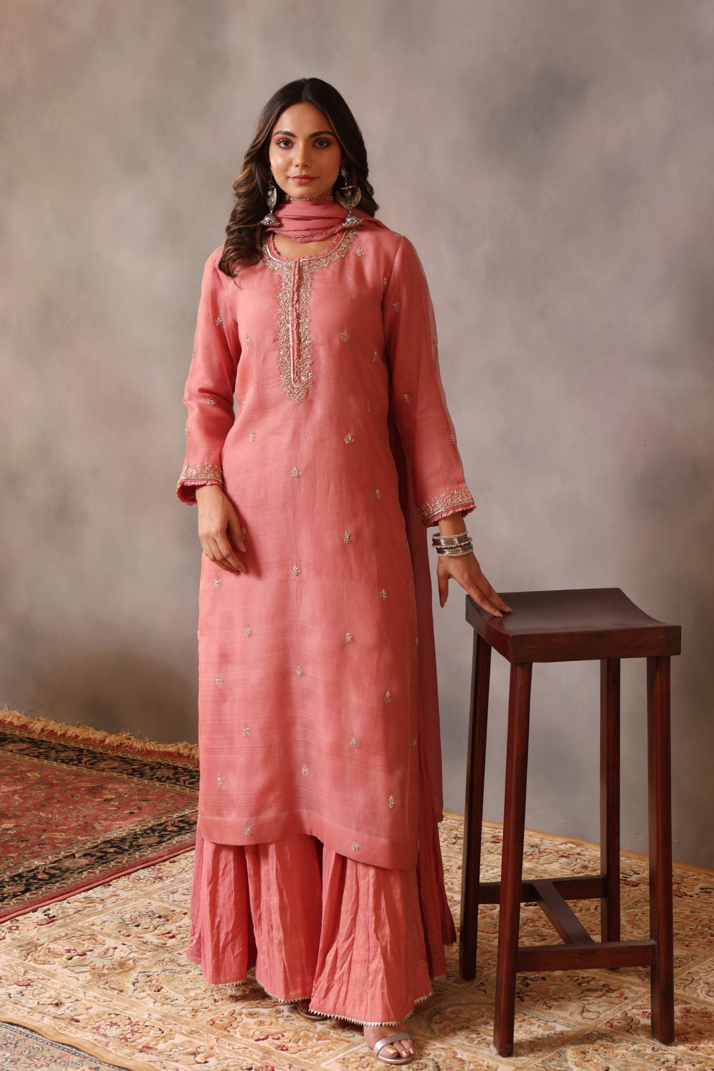 Hand Embroidered Blush Pink Pure Katan Silk Kurta Sharara Set
