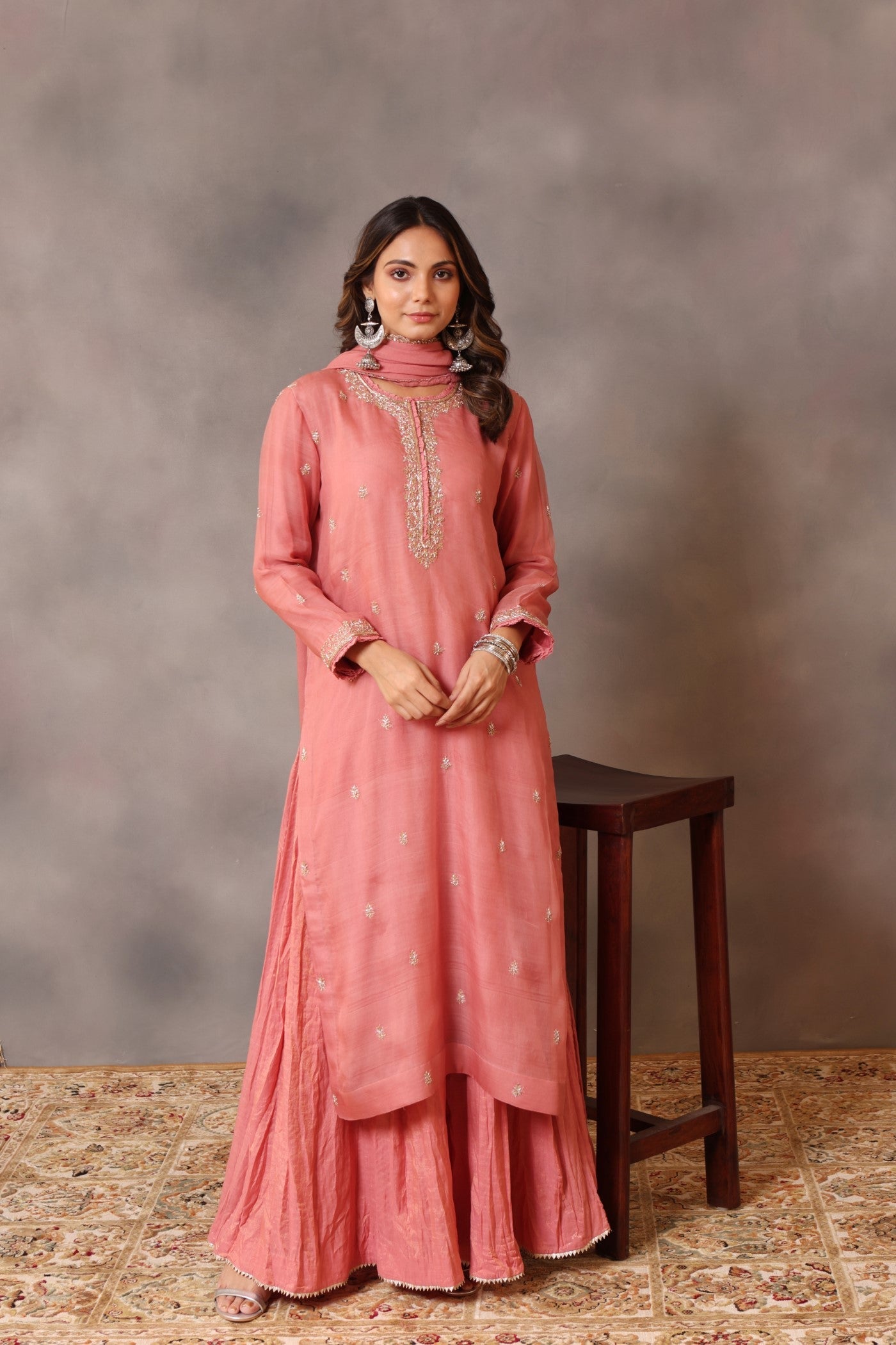 Hand Embroidered Blush Pink Pure Katan Silk Kurta Sharara Set