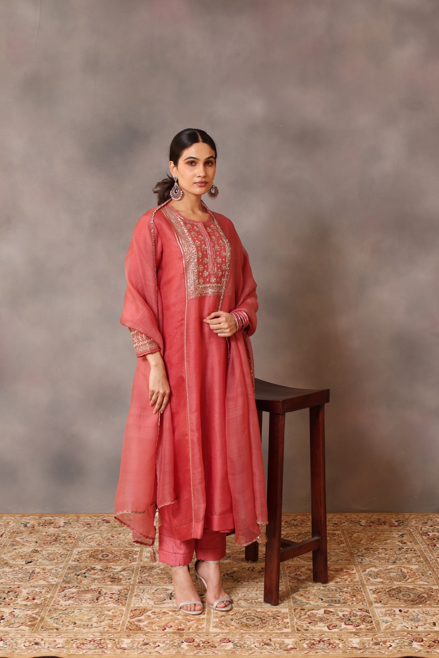 Hand Embroidered Dark Tea Rose Pure Silk Organza Kurta Pants Set