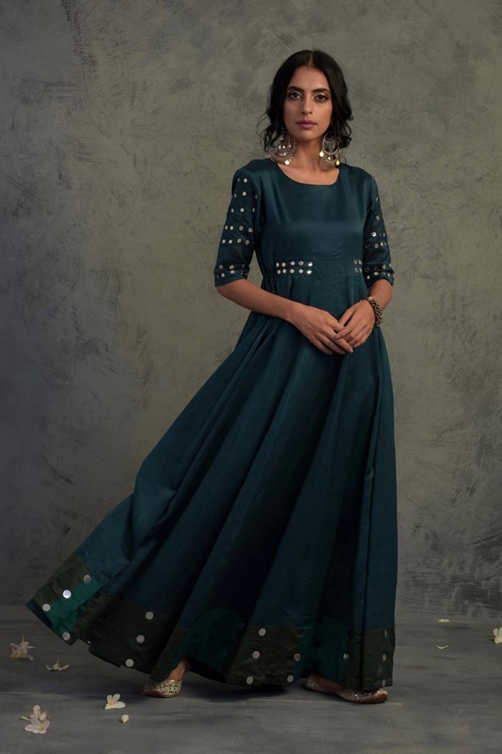 Image of Teal Blue Chanderi Anarkali Set