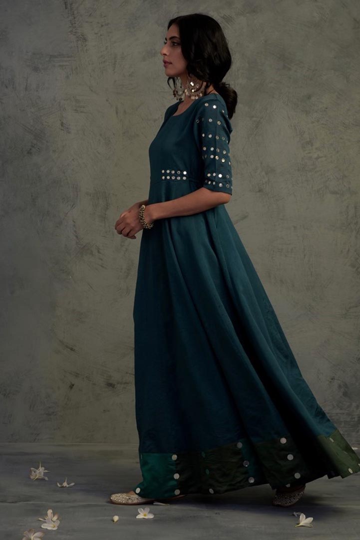 Image of Teal Blue Chanderi Anarkali Set