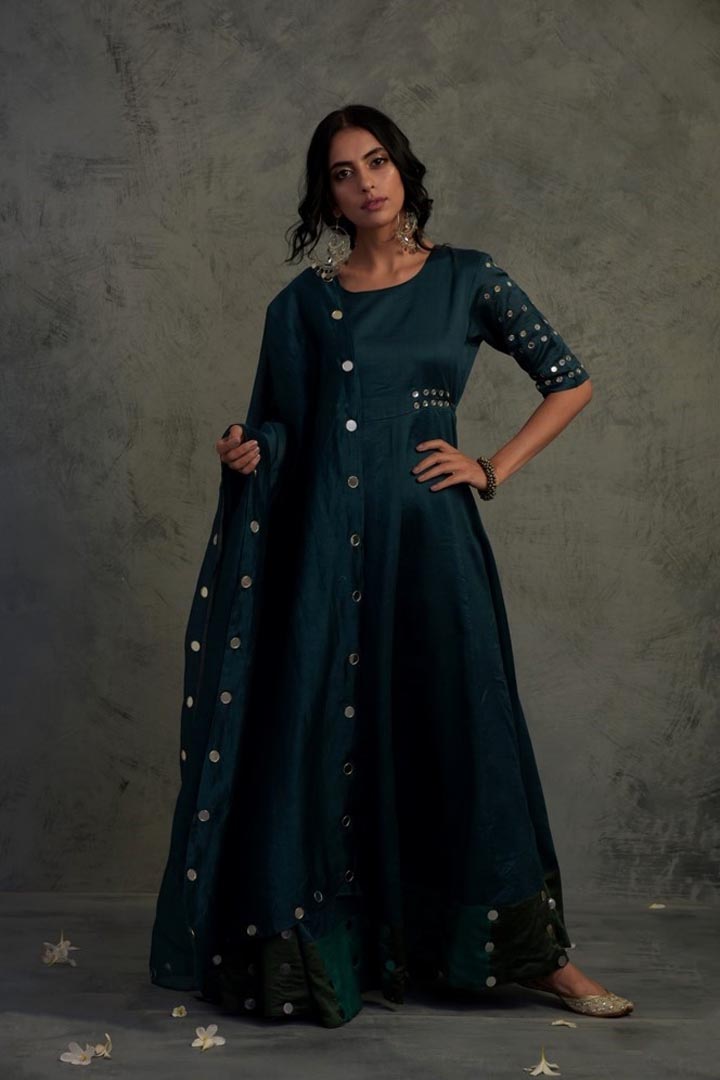 Image of Teal Blue Chanderi Anarkali Set