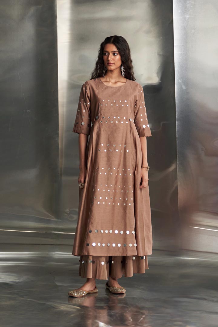 Image of Ginger Pleated Sleeves Kurta Set