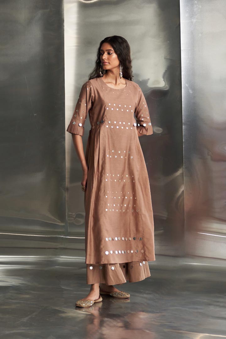 Image of Ginger Pleated Sleeves Kurta Set