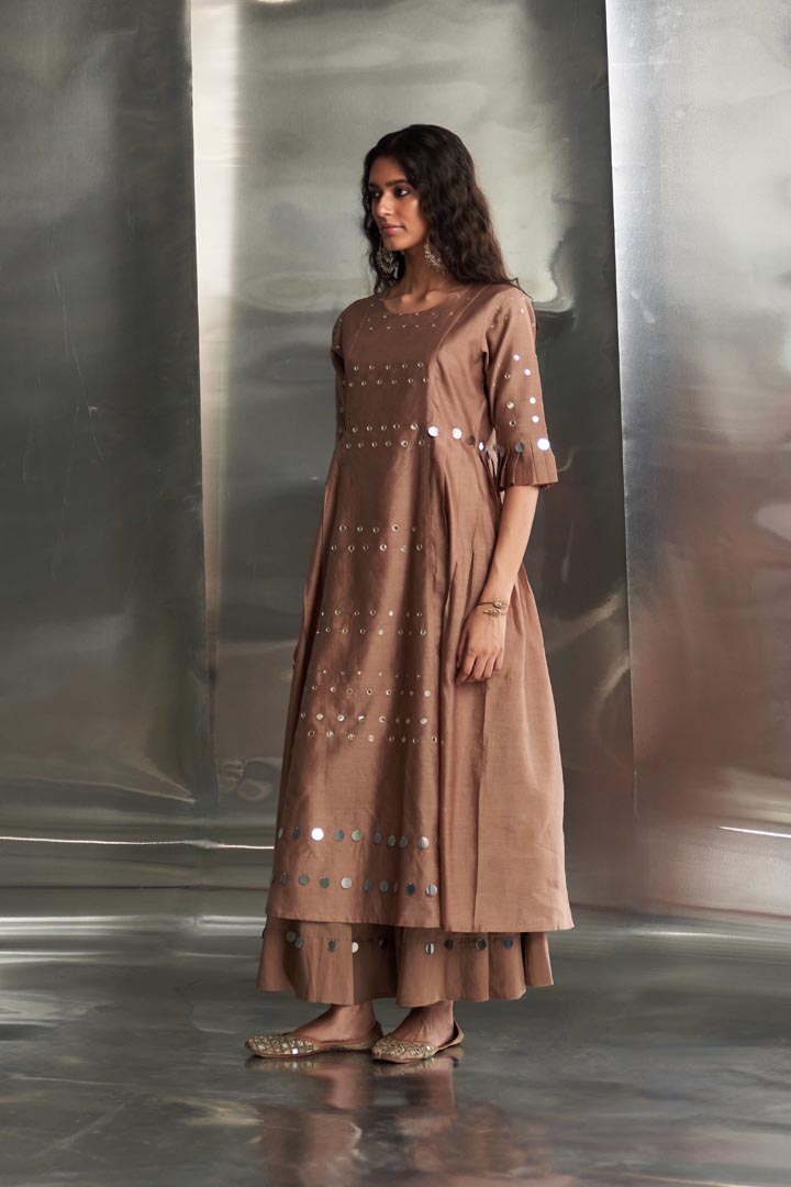 Image of Ginger Pleated Sleeves Kurta Set