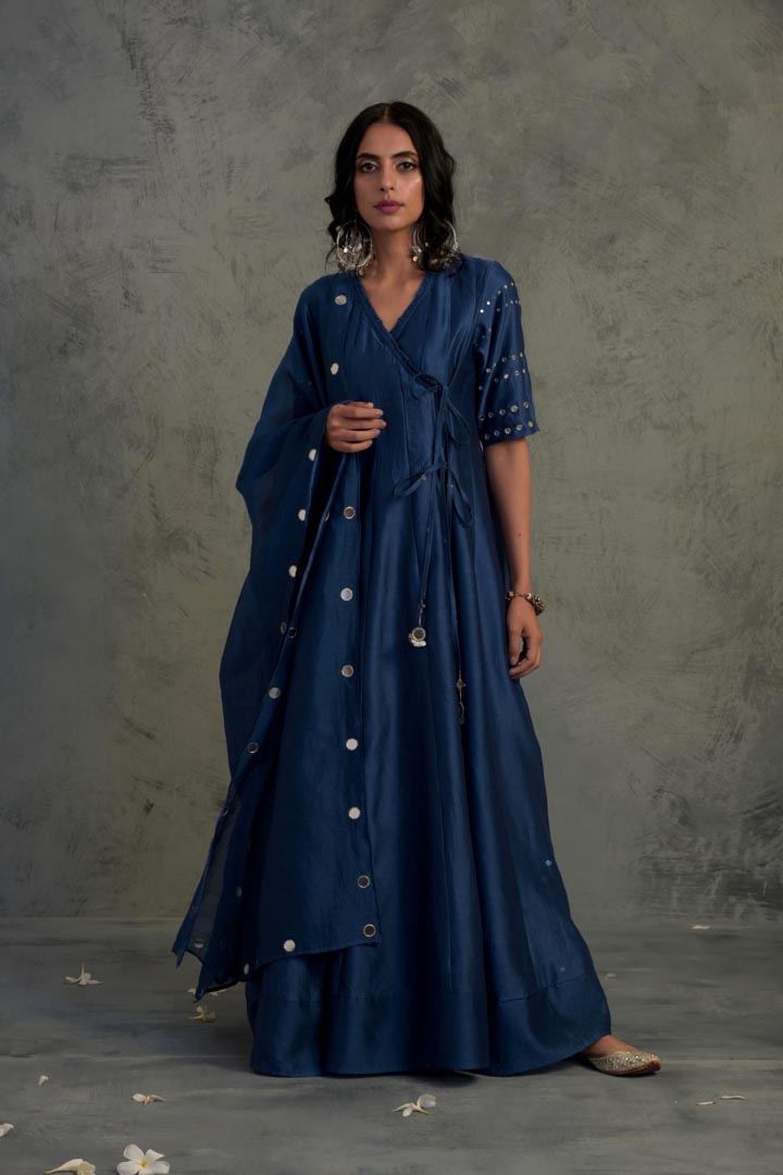 Image of Sapphire Blue Chanderi Angrakha Wrap With Jogger