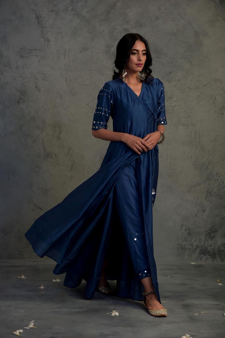 Image of Sapphire Blue Chanderi Angrakha Wrap With Jogger