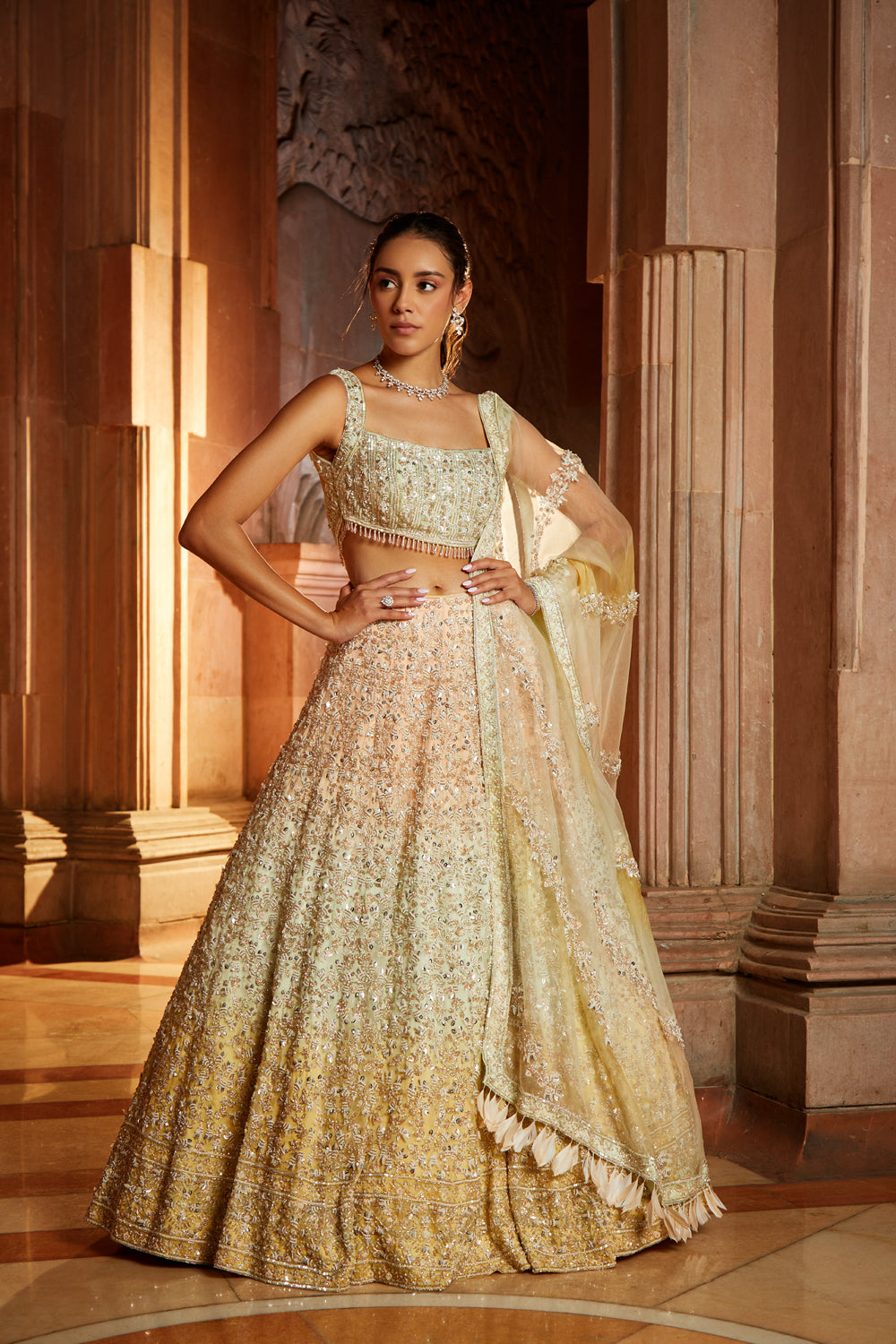 Tripple Colour Shaded Organza Lehenga Choli Dupatta Set with  Optional Veil