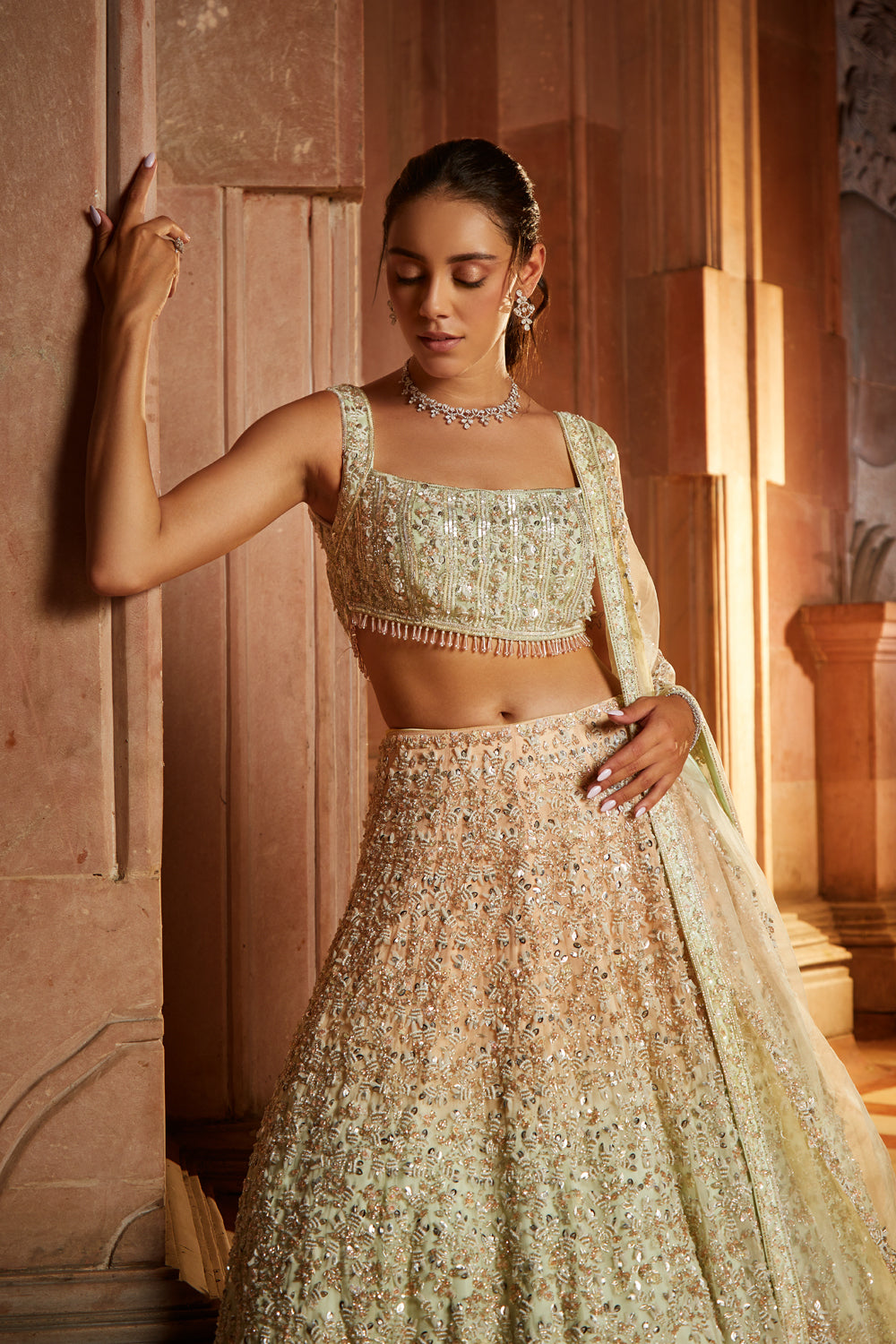 Tripple Colour Shaded Organza Lehenga Choli Dupatta Set with  Optional Veil