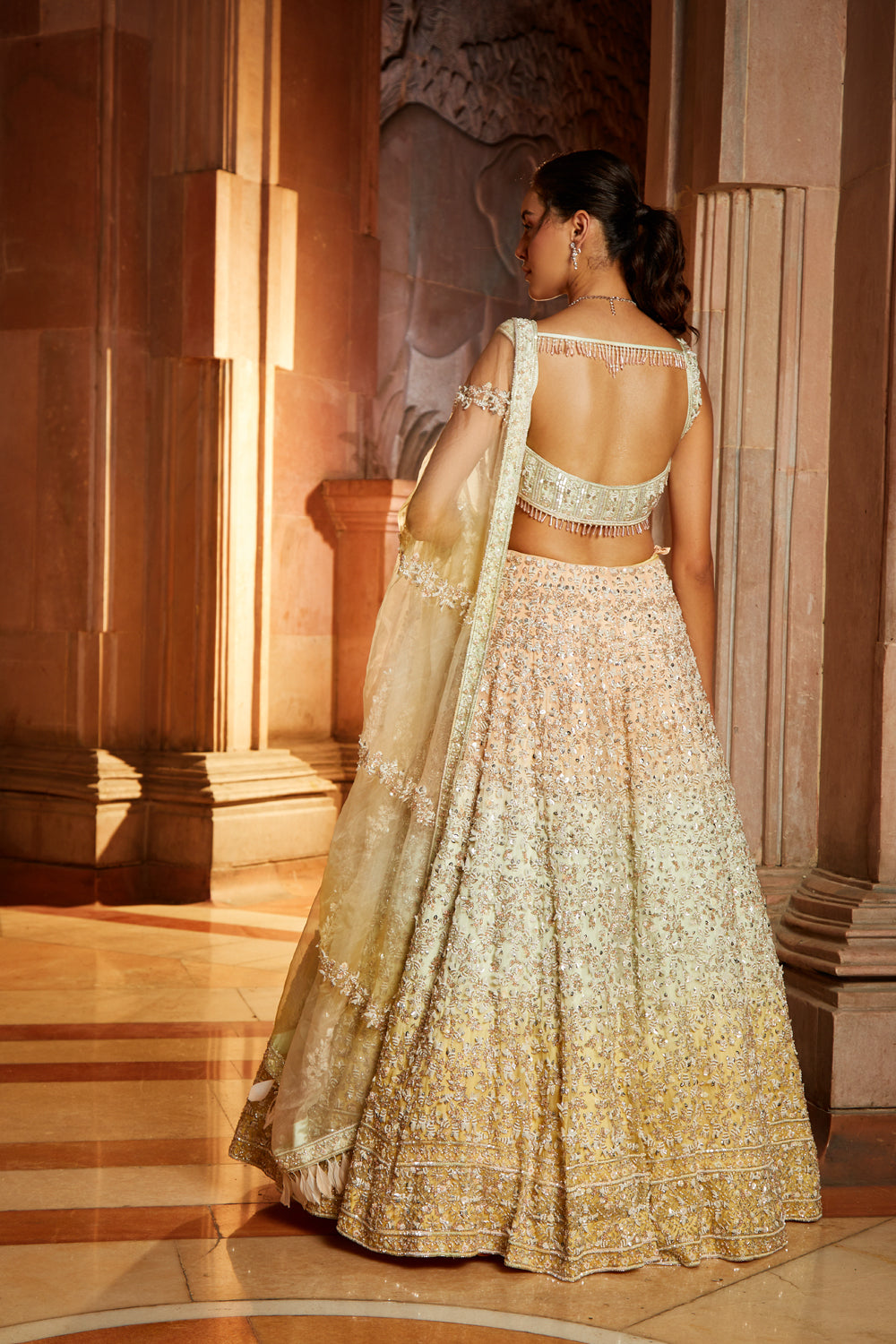 Tripple Colour Shaded Organza Lehenga Choli Dupatta Set with  Optional Veil