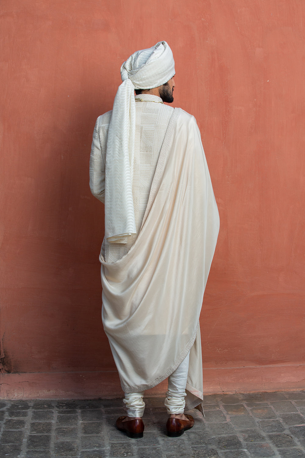 Ivory Geometric Embroidered Achkan with Monga Kurta and Churidar