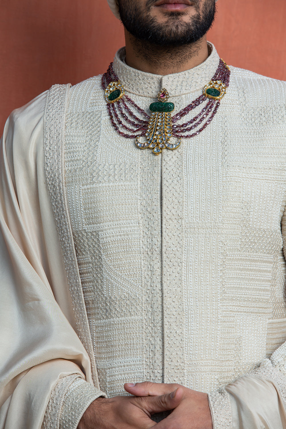 Ivory Geometric Embroidered Achkan with Monga Kurta and Churidar