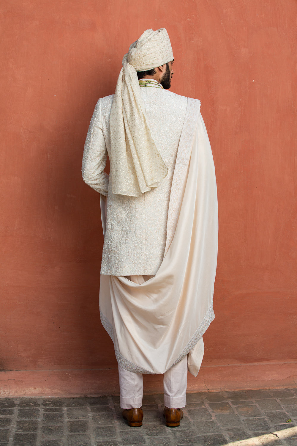 Ivory Embroidered Raw Silk Achkan with Kurta and Trouser