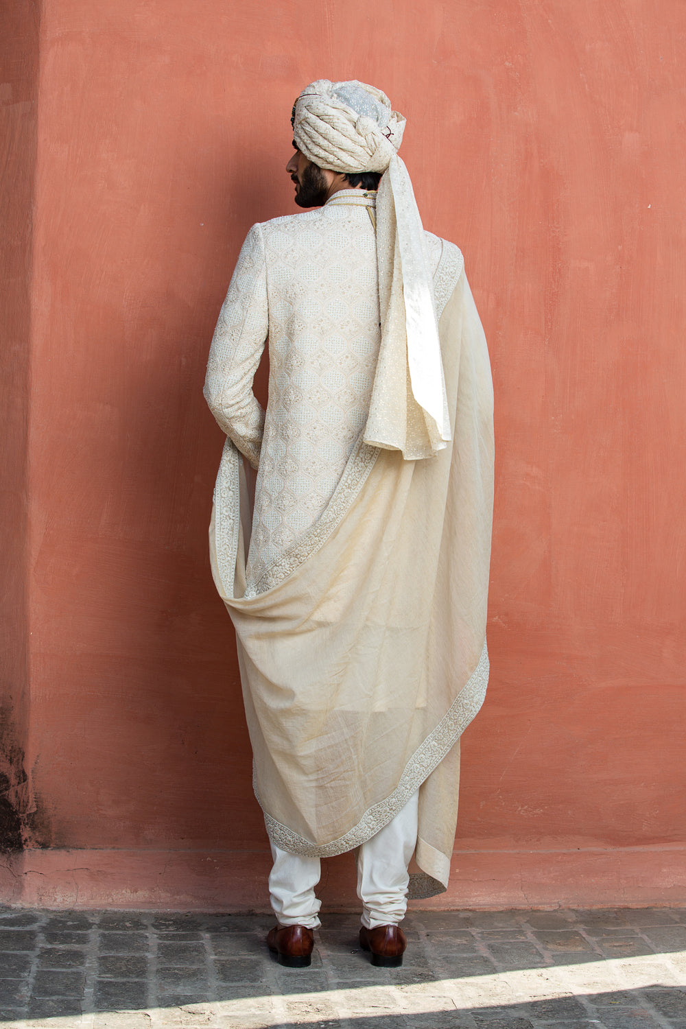 Beige Monga Embroidered Achkan with Kurta and Churidar