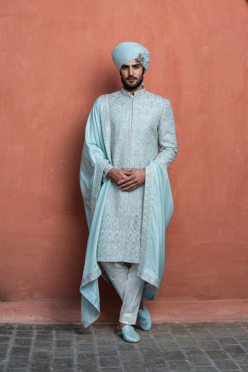 Aqua Blue Dupioni Silk Embroidered Achkan with Monga Kurta and Pant