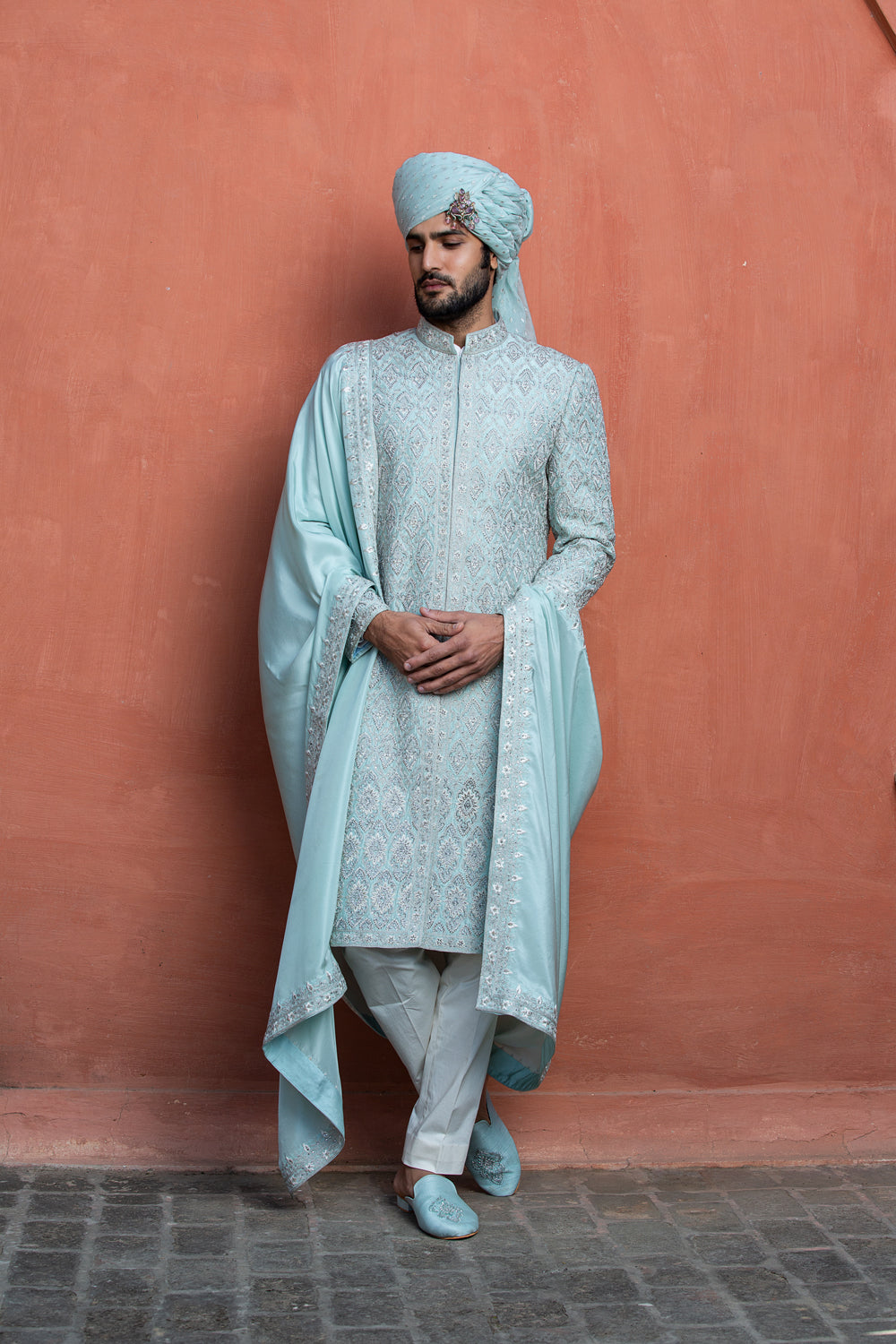 Aqua Blue Dupioni Silk Embroidered Achkan with Monga Kurta and Pant