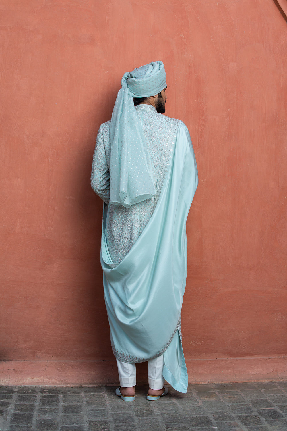 Aqua Blue Dupioni Silk Embroidered Achkan with Monga Kurta and Pant