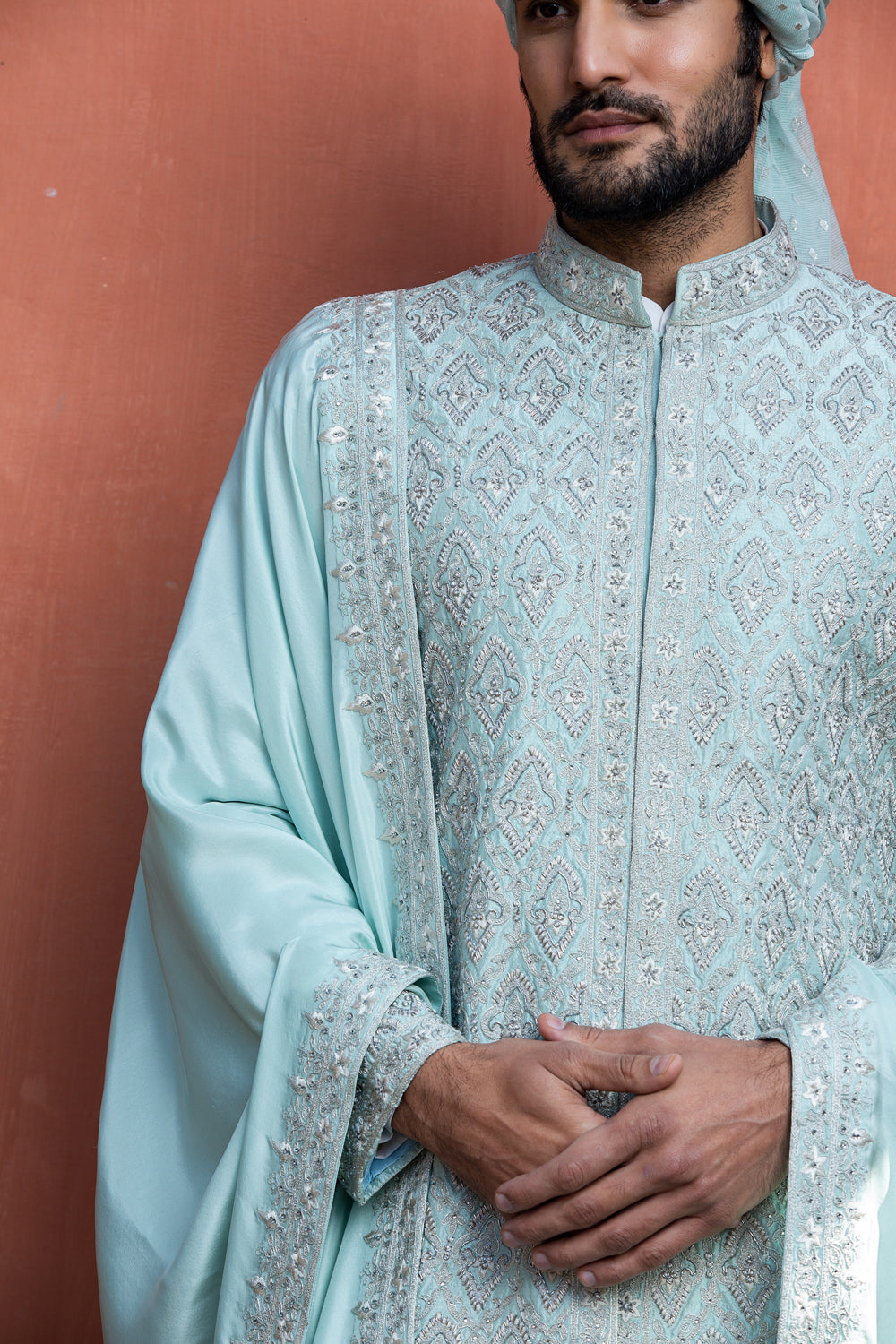 Aqua Blue Dupioni Silk Embroidered Achkan with Monga Kurta and Pant