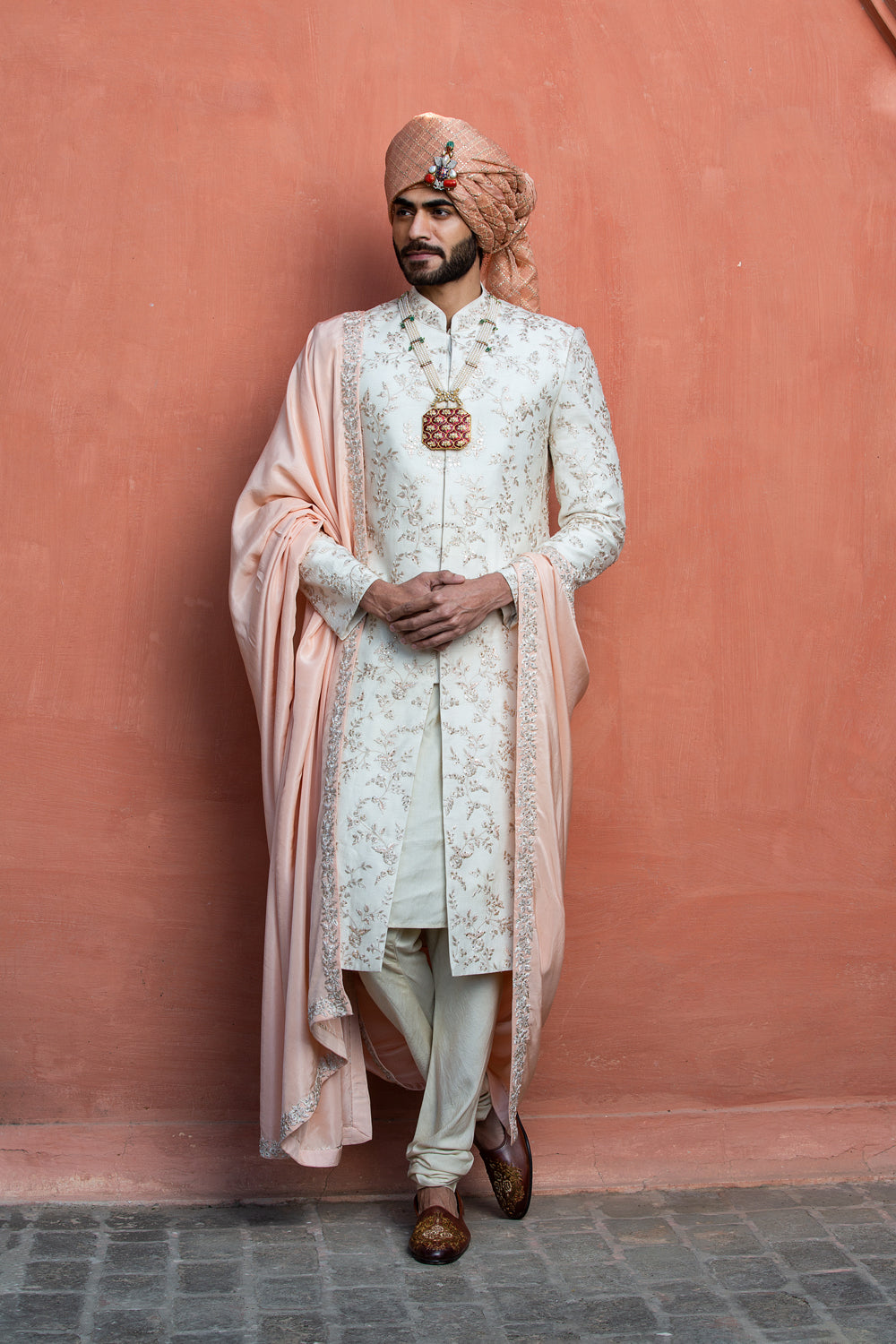 Ivory Raw Silk Embroidered Sherwani with Monga Tussar Silk Kurta and Churidar