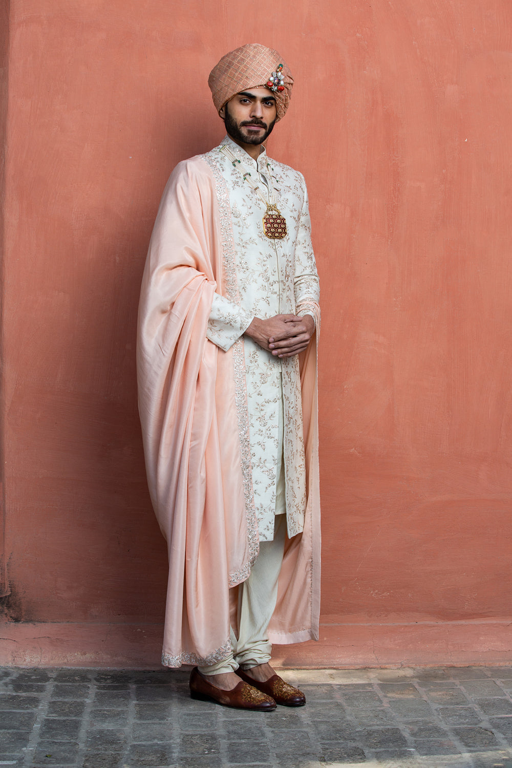 Ivory Raw Silk Embroidered Sherwani with Monga Tussar Silk Kurta and Churidar