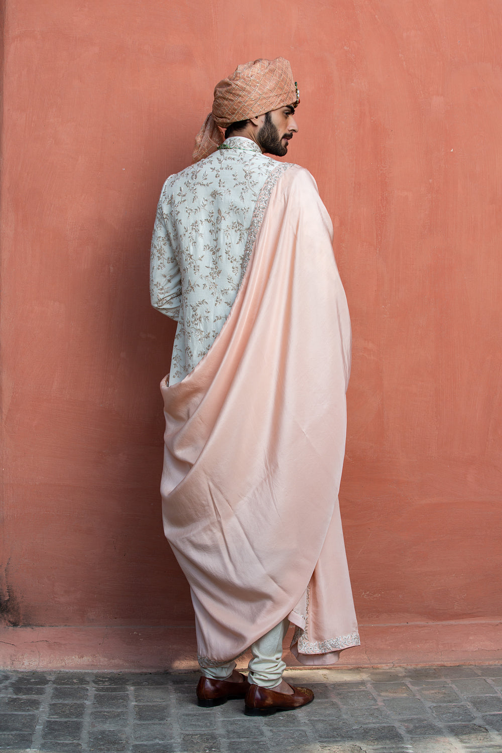 Ivory Raw Silk Embroidered Sherwani with Monga Tussar Silk Kurta and Churidar