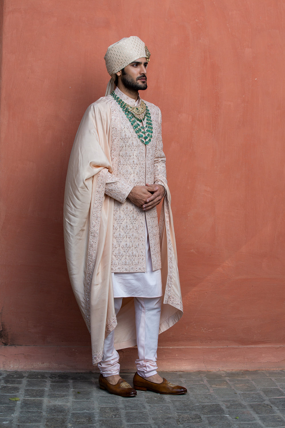 Nude Taffeta Silk Embroidered Sherwani with Kurta and Churidar
