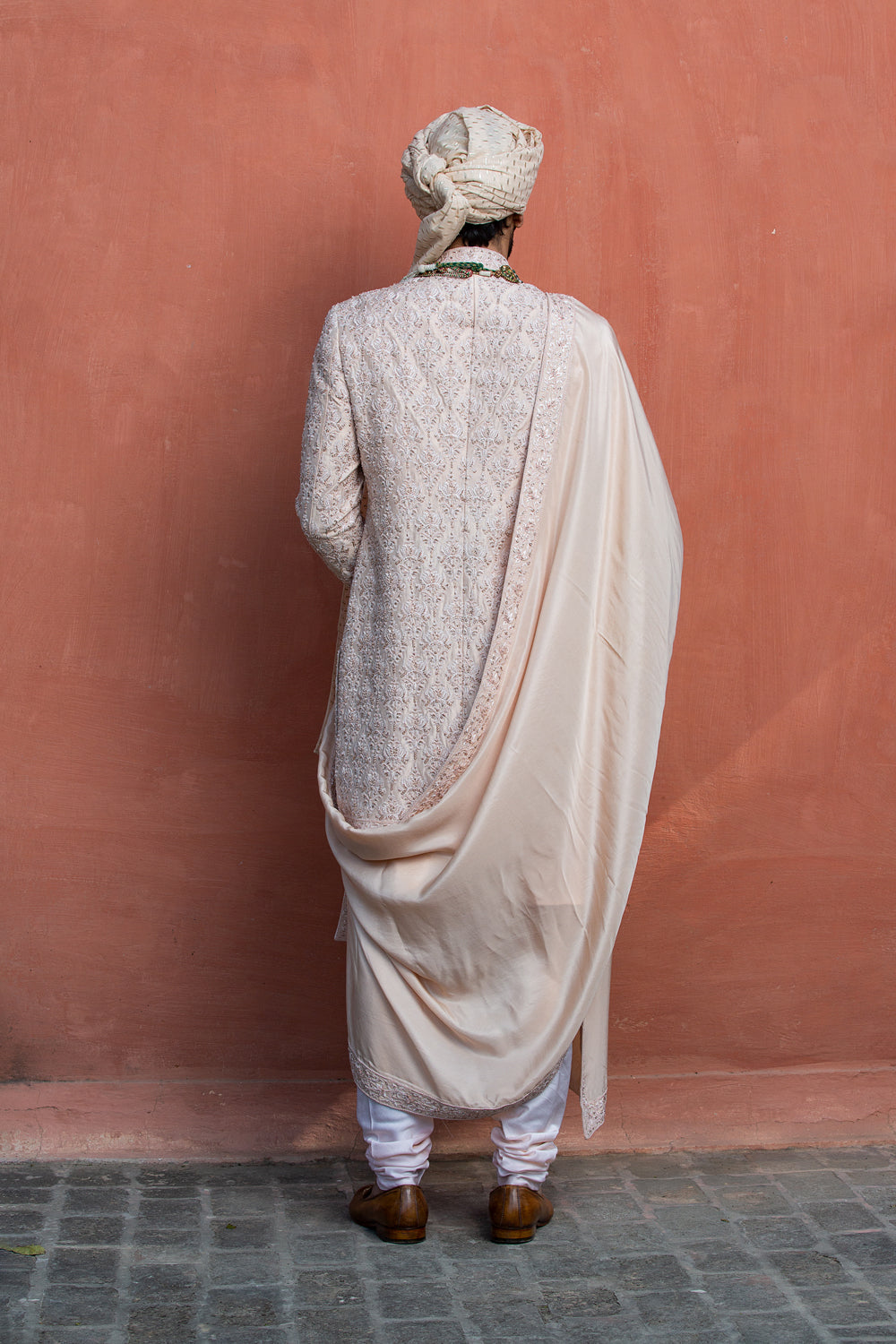 Nude Taffeta Silk Embroidered Sherwani with Kurta and Churidar
