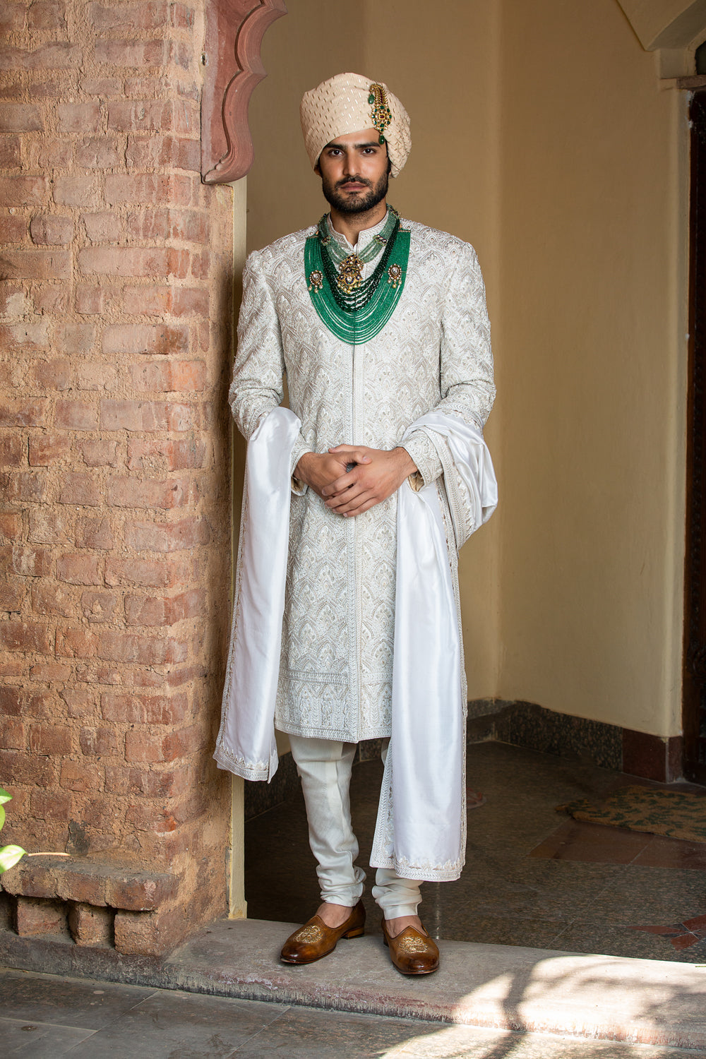 Ivory Taffeta Achkan and Belt all over Embroidered with Monga Kurta and Churidar