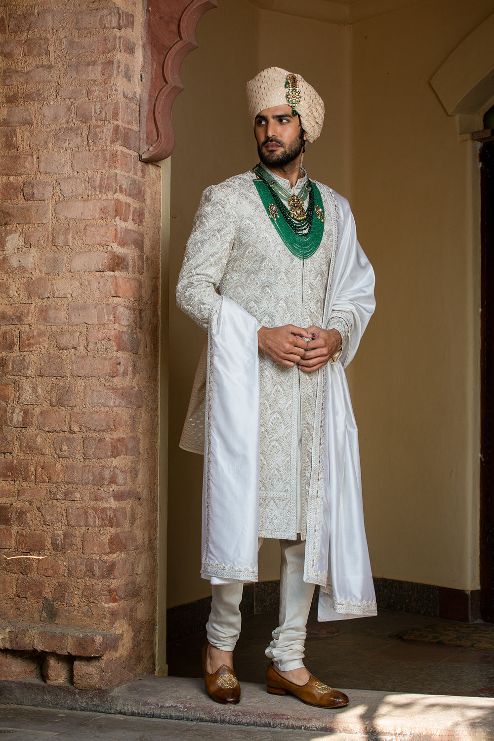 Ivory Taffeta Achkan and Belt all over Embroidered with Monga Kurta and Churidar