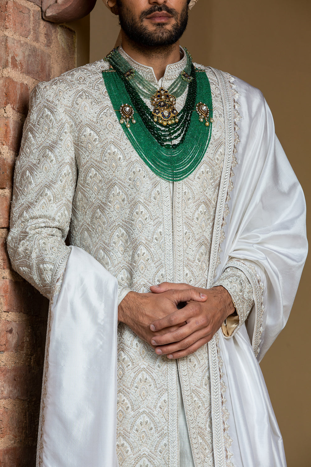 Ivory Taffeta Achkan and Belt all over Embroidered with Monga Kurta and Churidar
