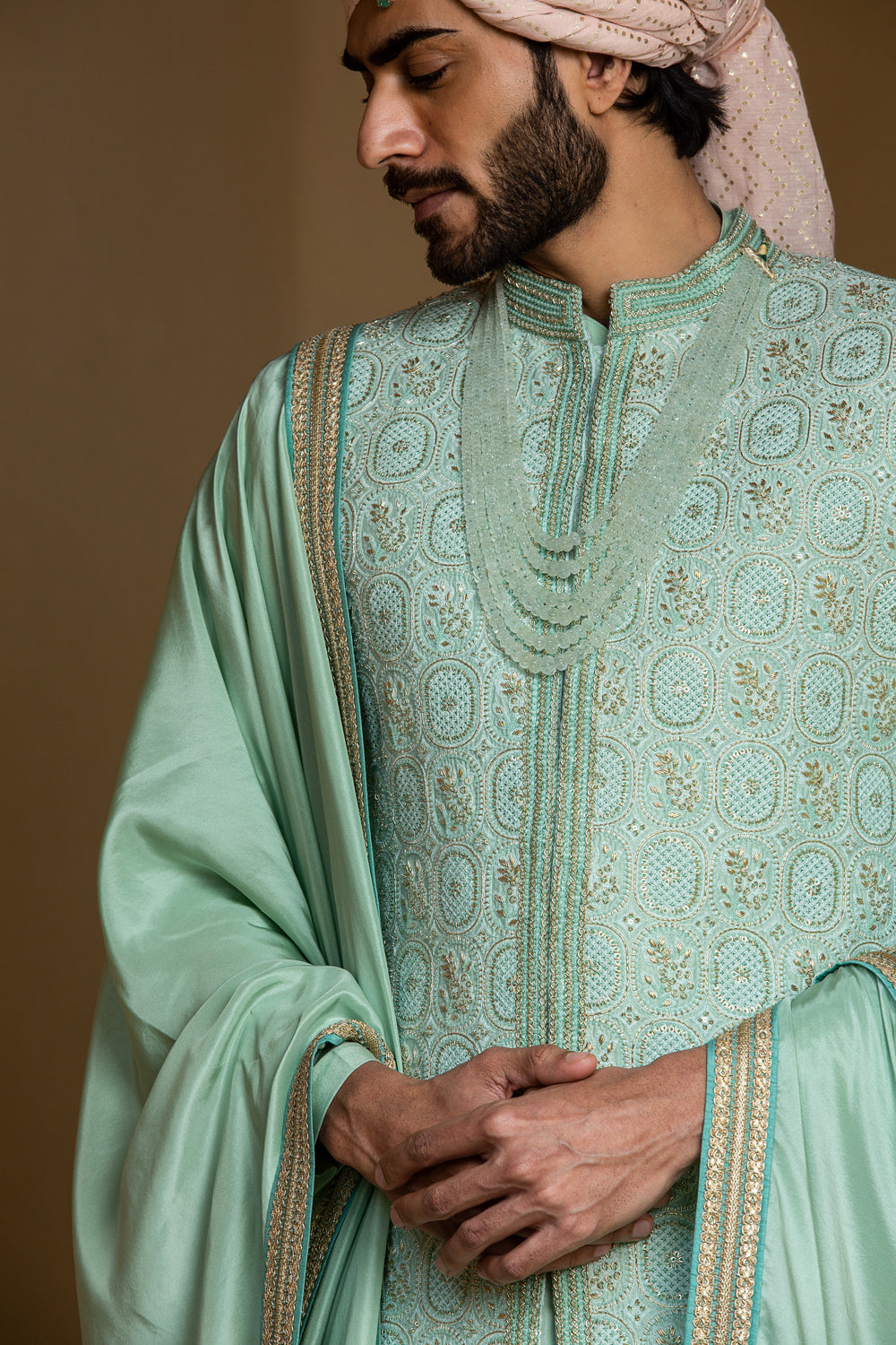 Mint Green Monga Embroidery Achkan with Kurta and Pants