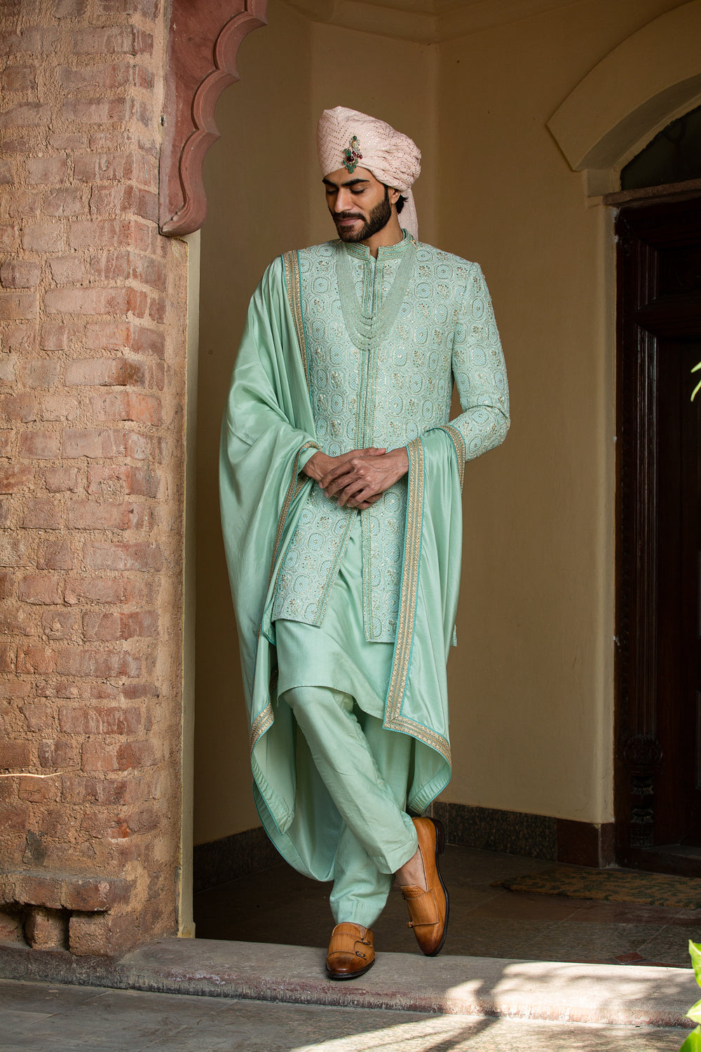 Mint Green Monga Embroidery Achkan with Kurta and Pants