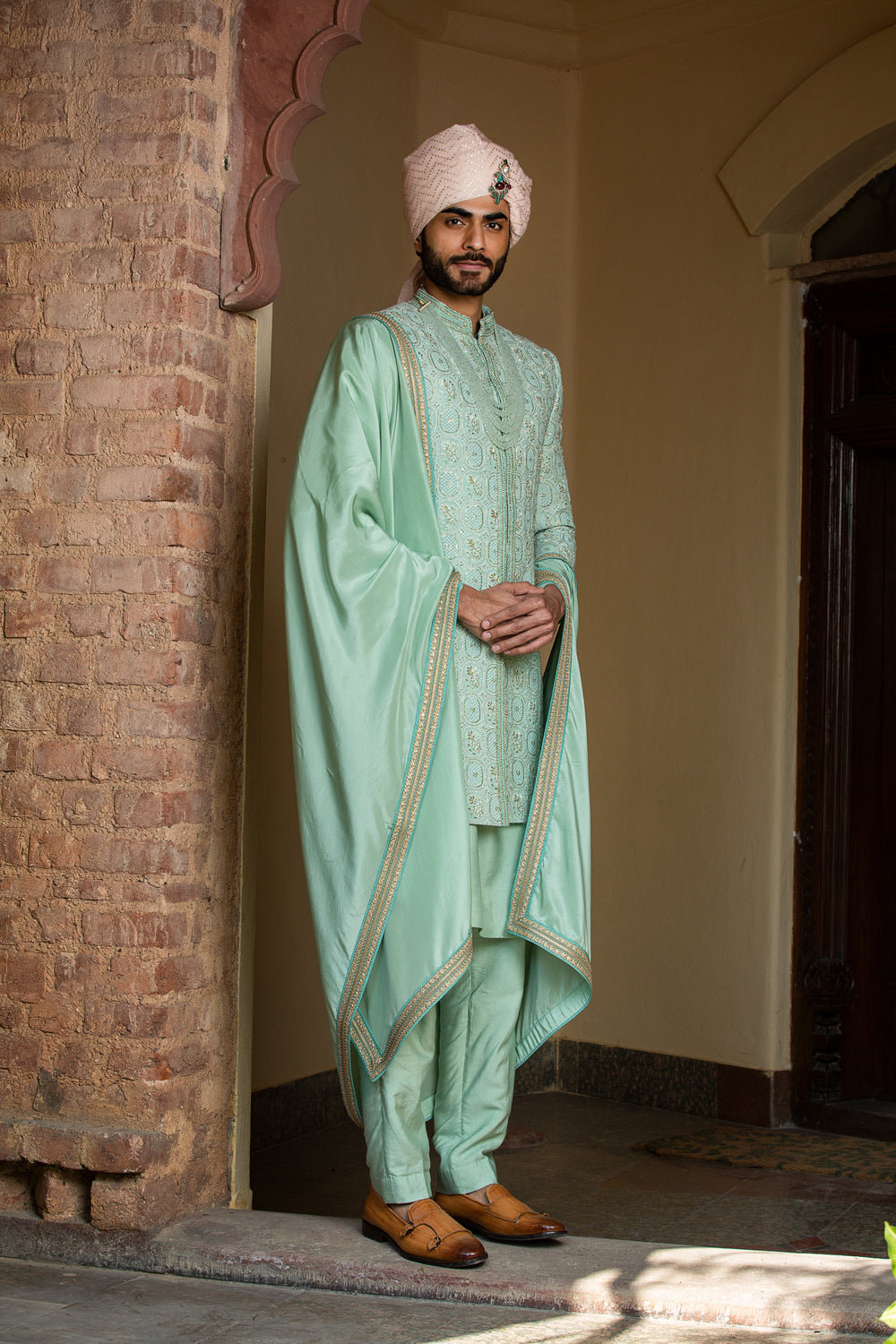 Mint Green Monga Embroidery Achkan with Kurta and Pants