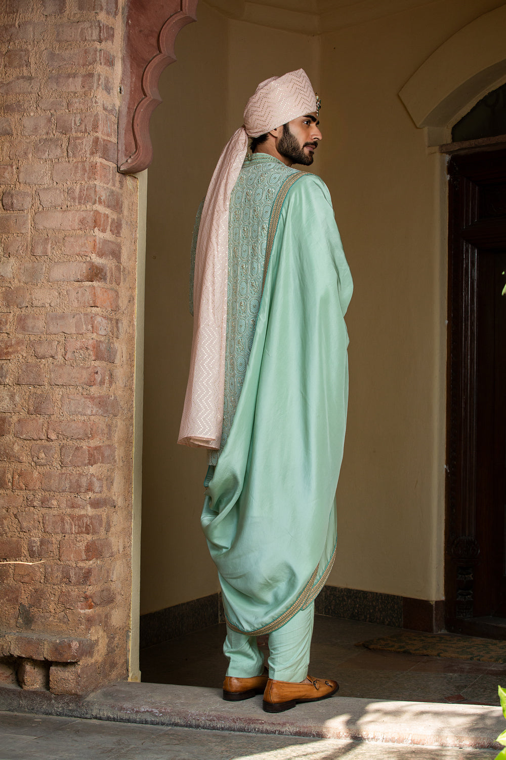 Mint Green Monga Embroidery Achkan with Kurta and Pants