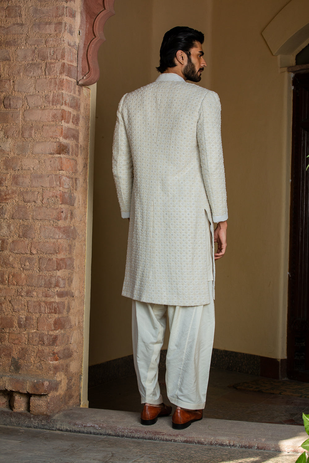 Ivory Embroidered Long Jacket with Kurta and Salwar