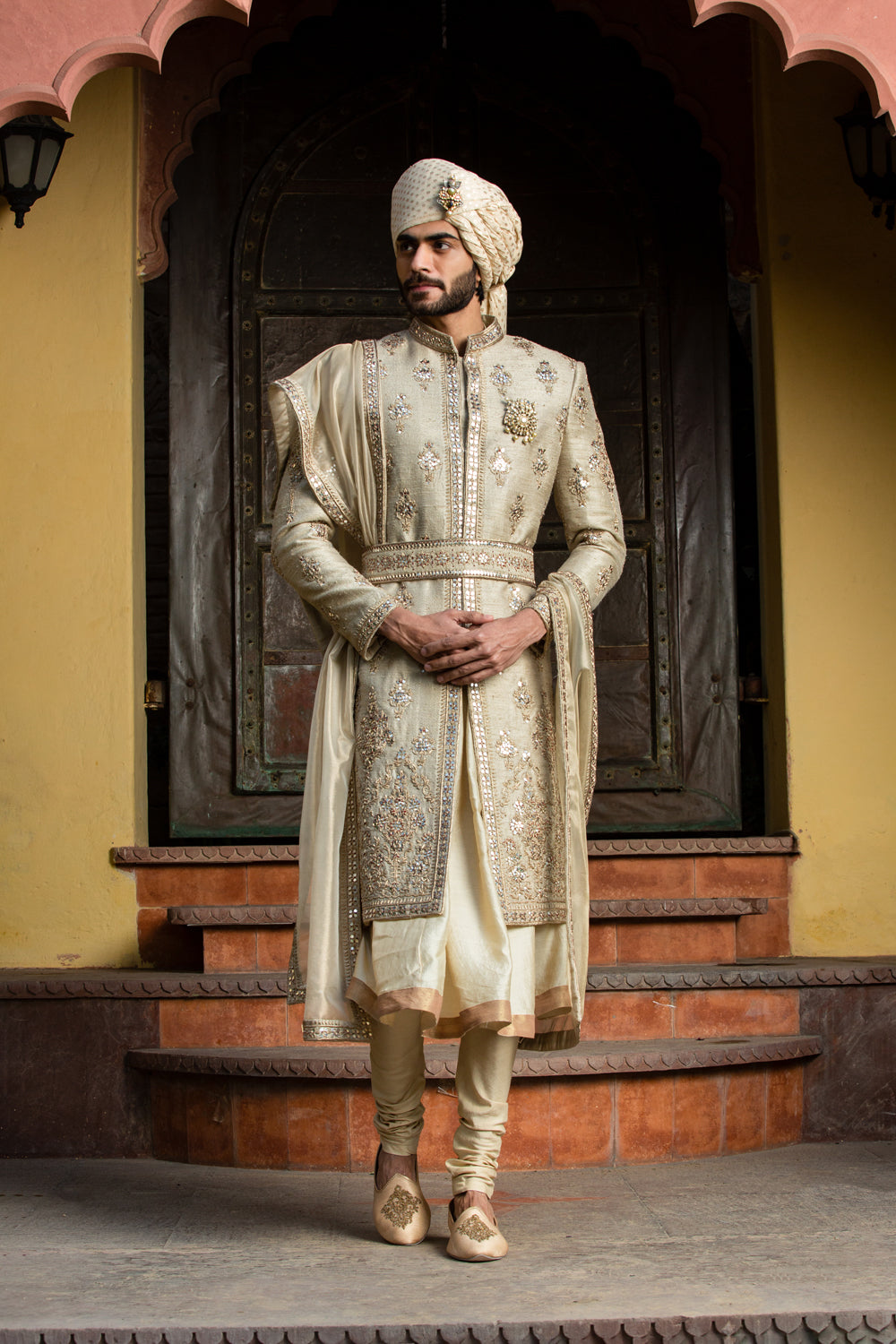 Gold Twill Matka Achkan with Belt
