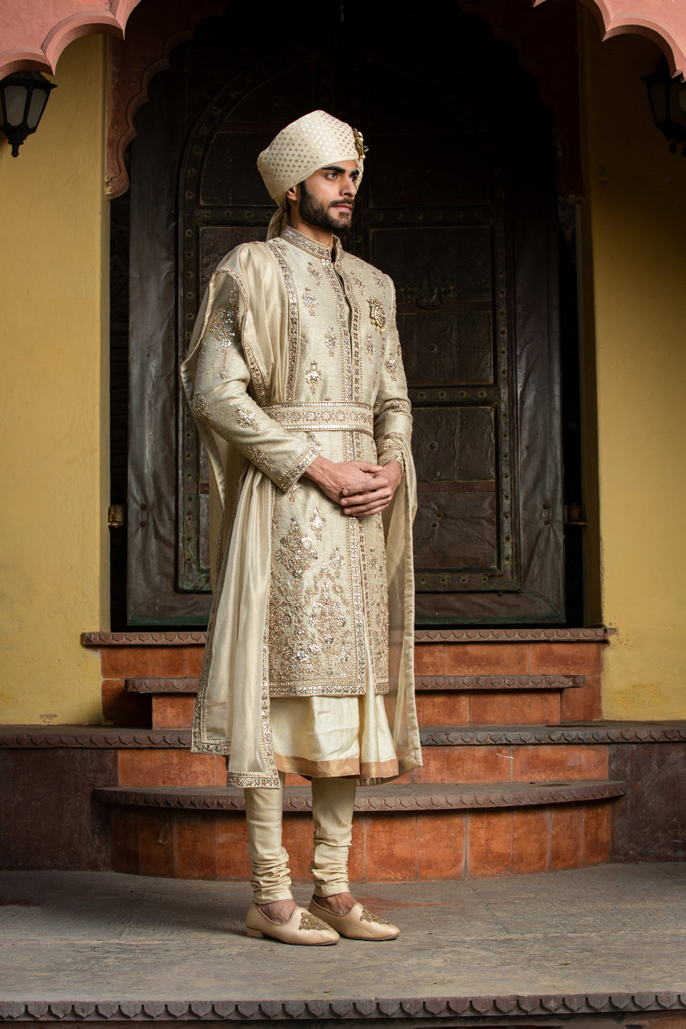 Gold Twill Matka Achkan with Belt