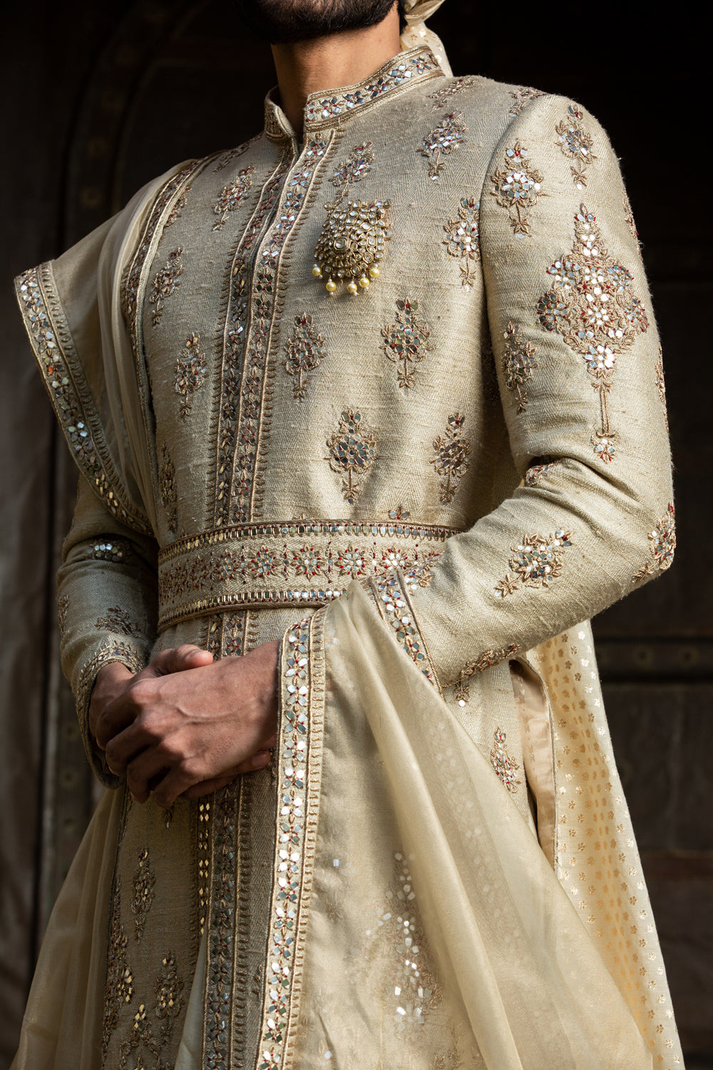 Gold Twill Matka Achkan with Belt