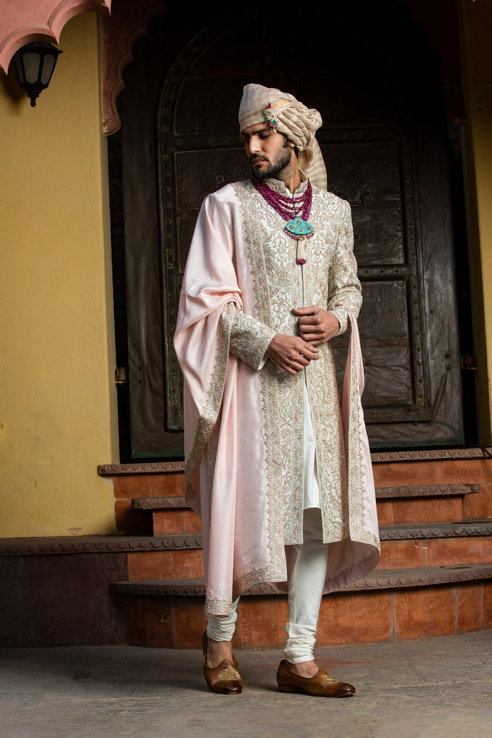 Ivory Taffeta Achkan all over Embroidered with Monga Kurta and Churidar