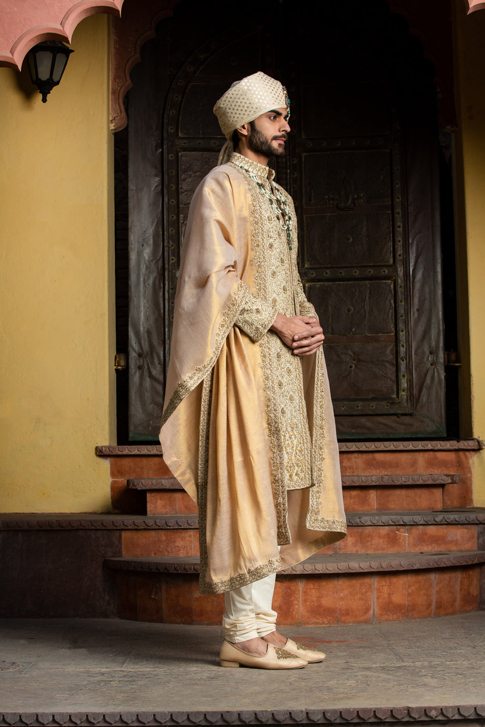 Beige all over Embroidered Achkan with Monga Kurta and Churidar