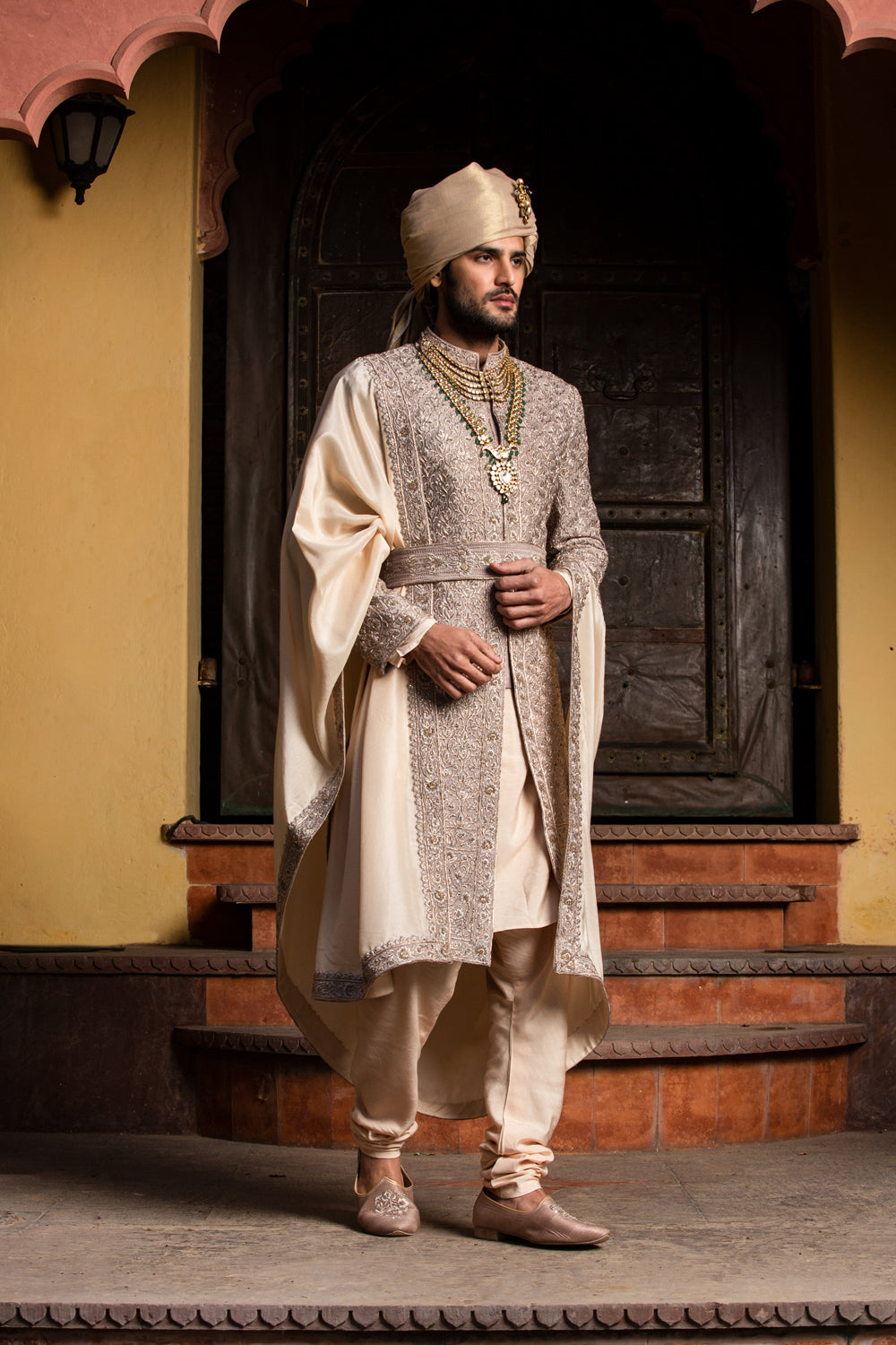 Coffee Raw Silk Achkan with Belt and Monga Churidar