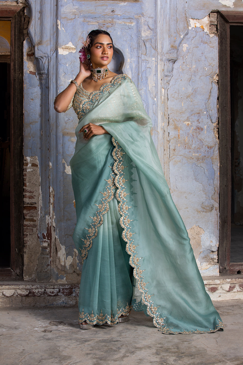 Jade Green Ombre Organza Saree
